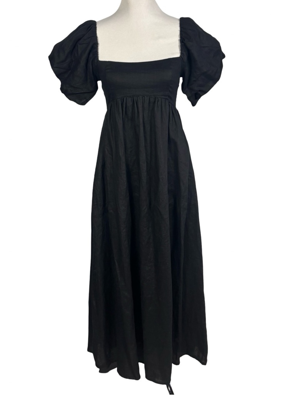 DISSH Bianca Black Linen Midi Dress Puff Sleeve Smocked Back Size US 2 EU 34